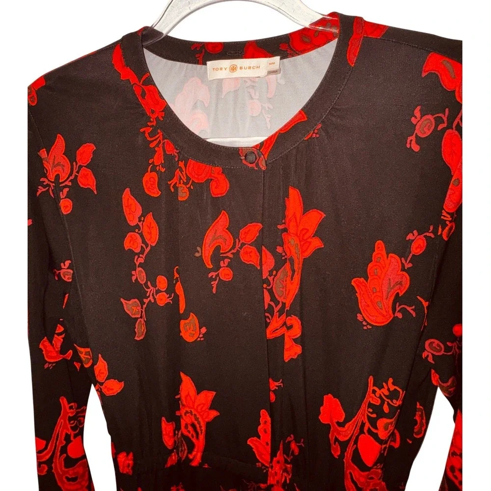 Tory Burch Black Red Floral Midi Dress Medium Classic Luxury Church Office Goth - Picture 4 of 9